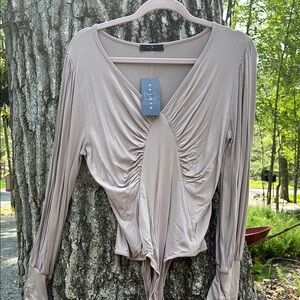 Tan Ruched Tie Front Bodysuit Blouse